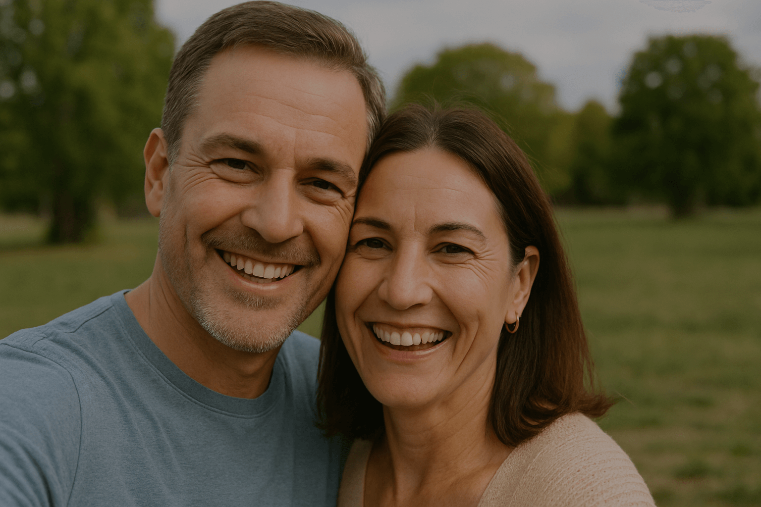 Smiling couple taking a selfie in a green park.