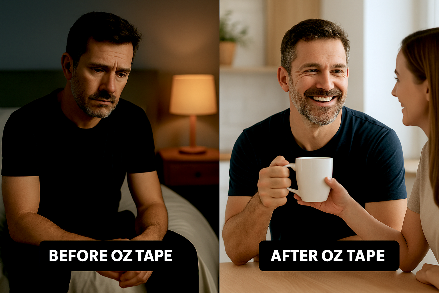 Split image of a man before and after using 'Oz Tape.'