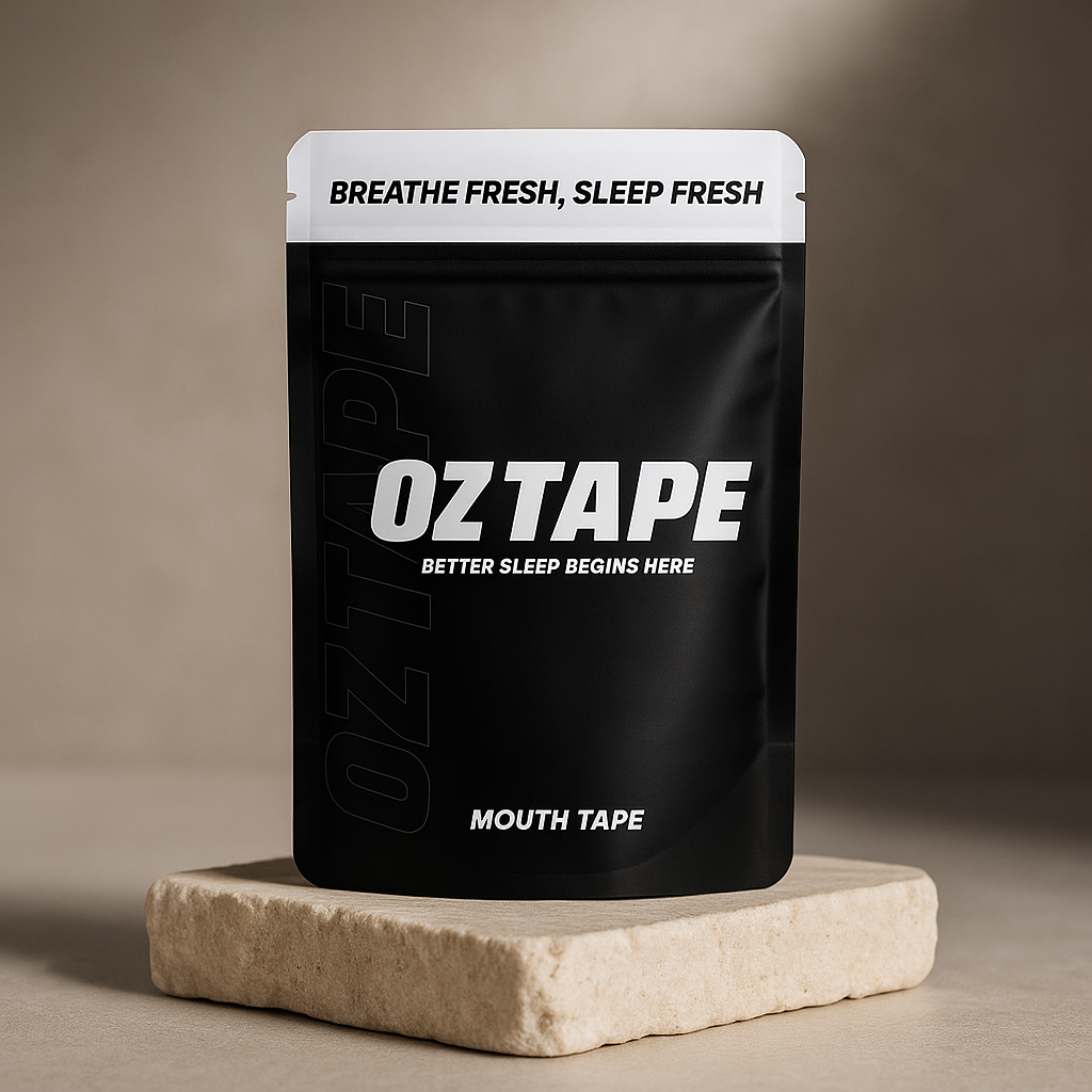 Black package labeled 'OZ TAPE' with text 'Breathe Fresh, Sleep Fresh' and 'Mouth Tape'.