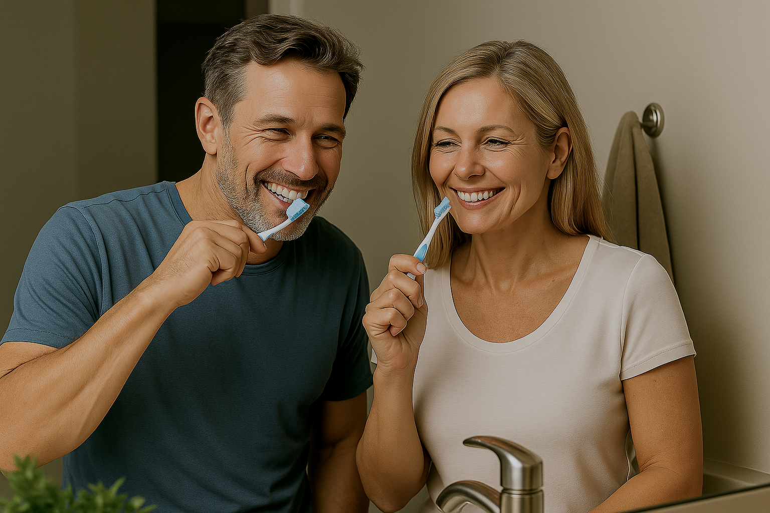 A man and woman smiling while brushing their teeth in a bathroom.