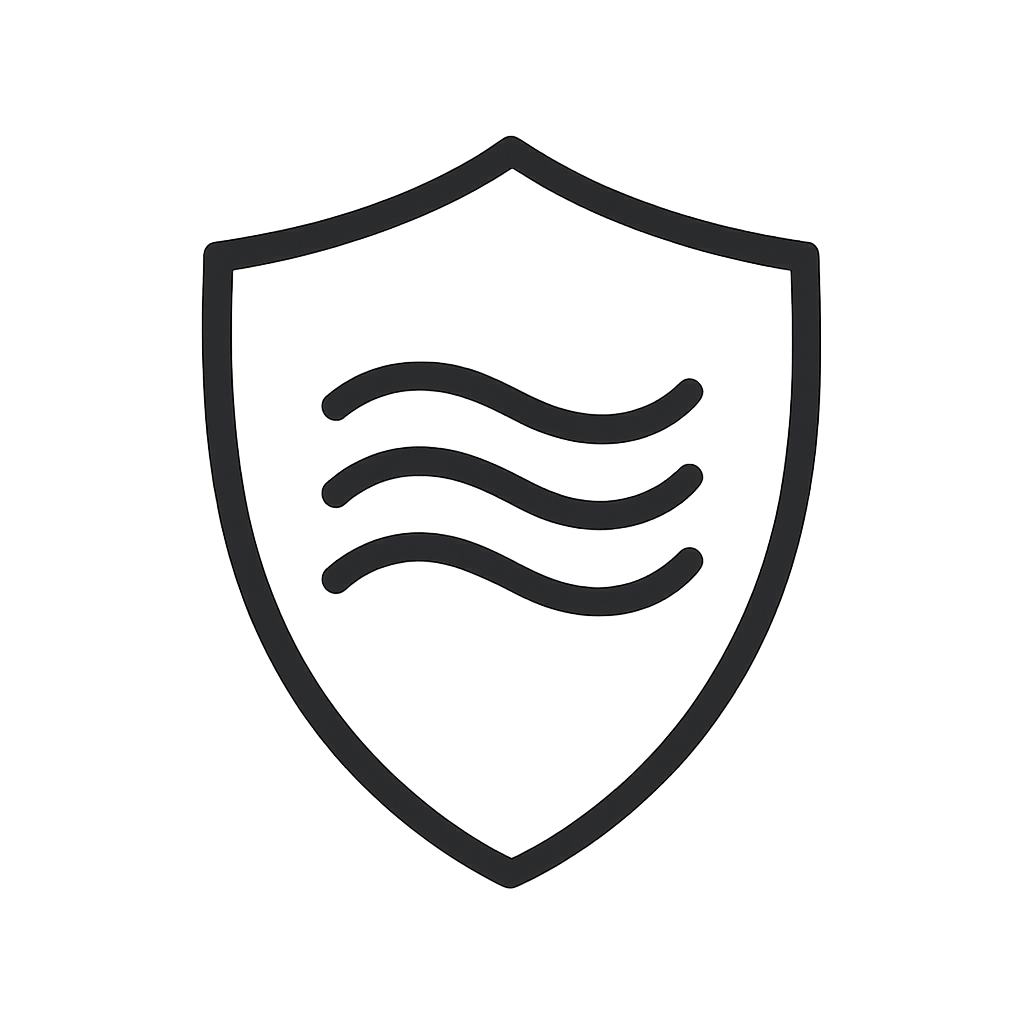 Shield icon with three wavy lines on a brown background.