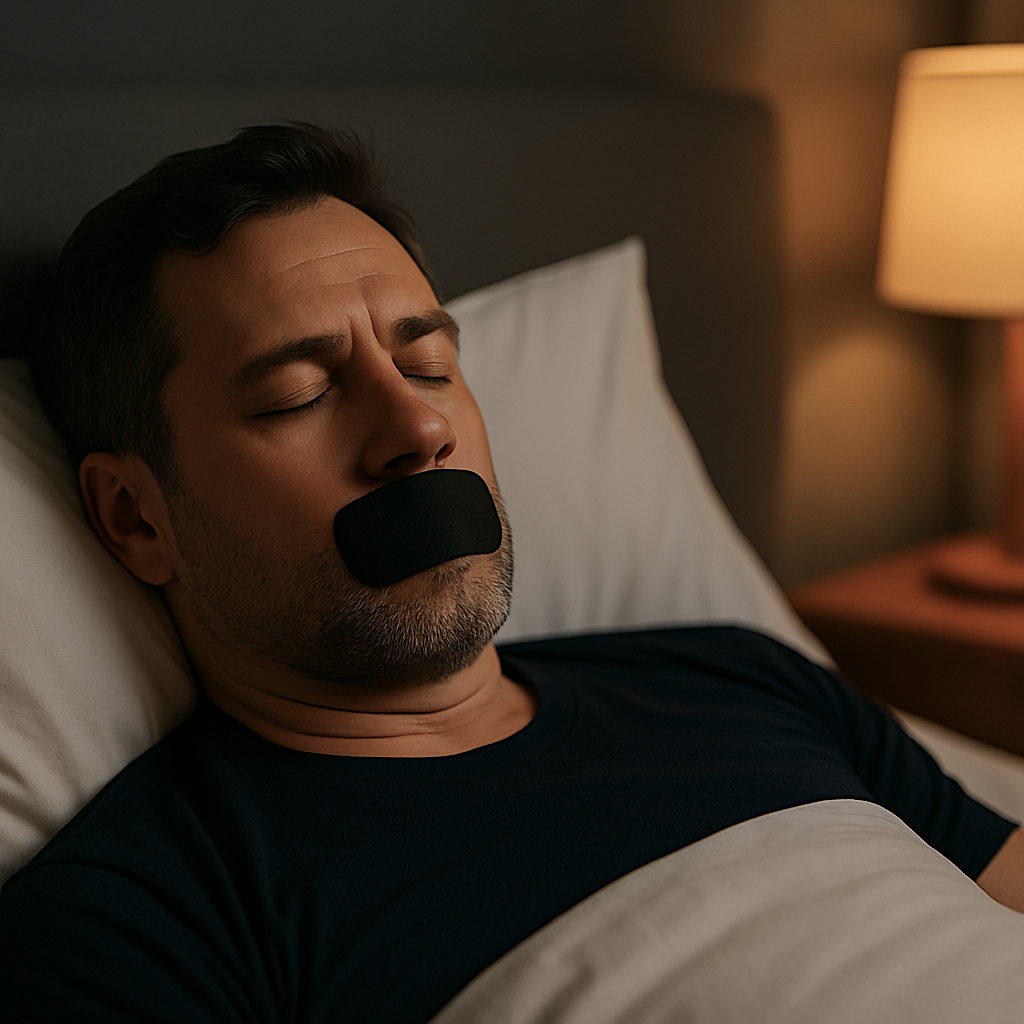 Man sleeping with a black mouth tape in a dimly lit room.