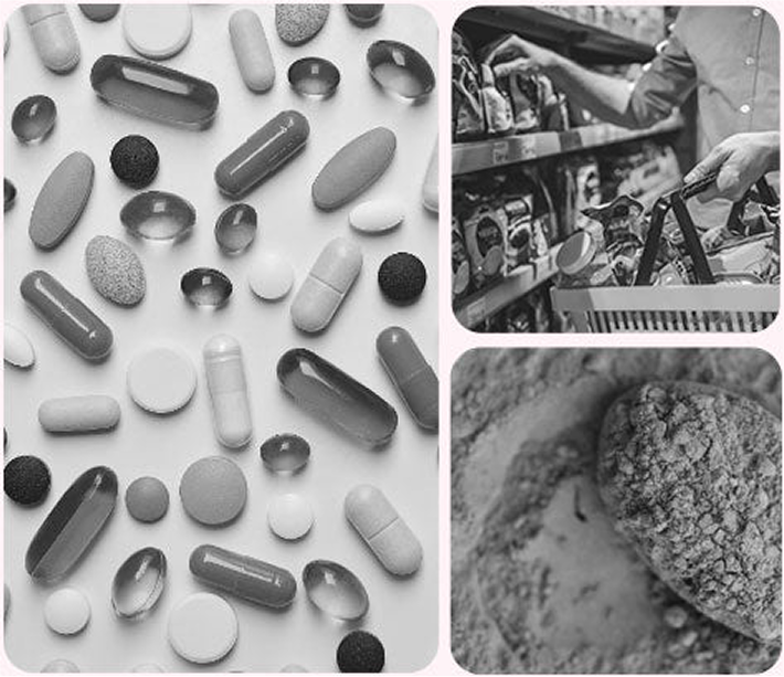 Collage of pills, grocery shopping, and a scoop of powder.