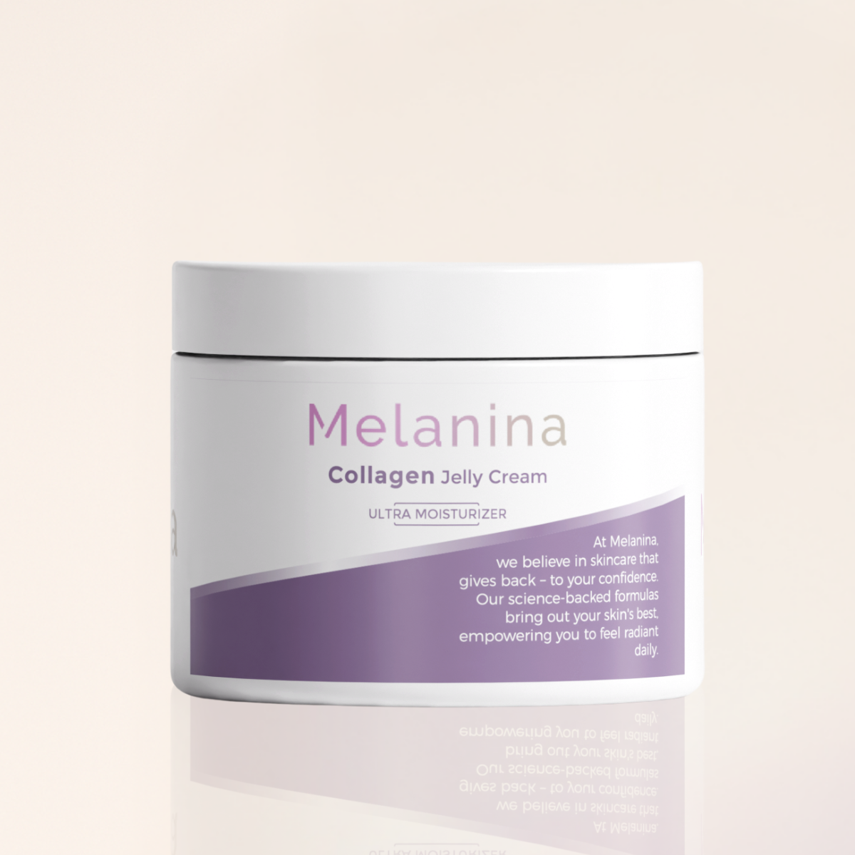 White jar labeled 'Melanina Collagen Jelly Cream' with purple accents on a light background.
