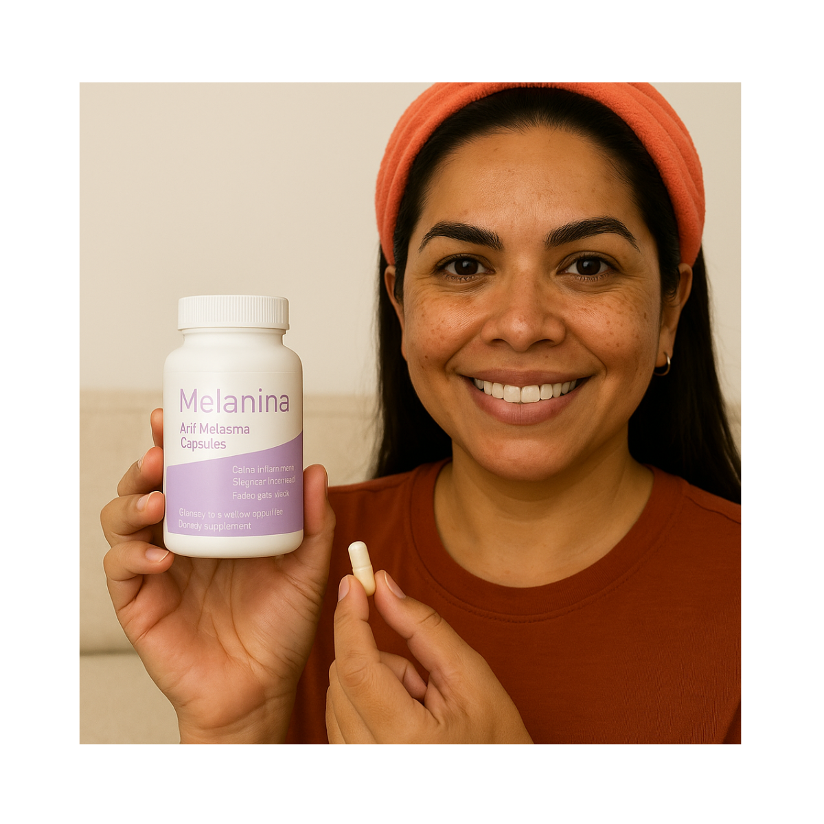 Smiling person holding a bottle labeled 'Melanina Arif Melasma Capsules' and a single capsule.