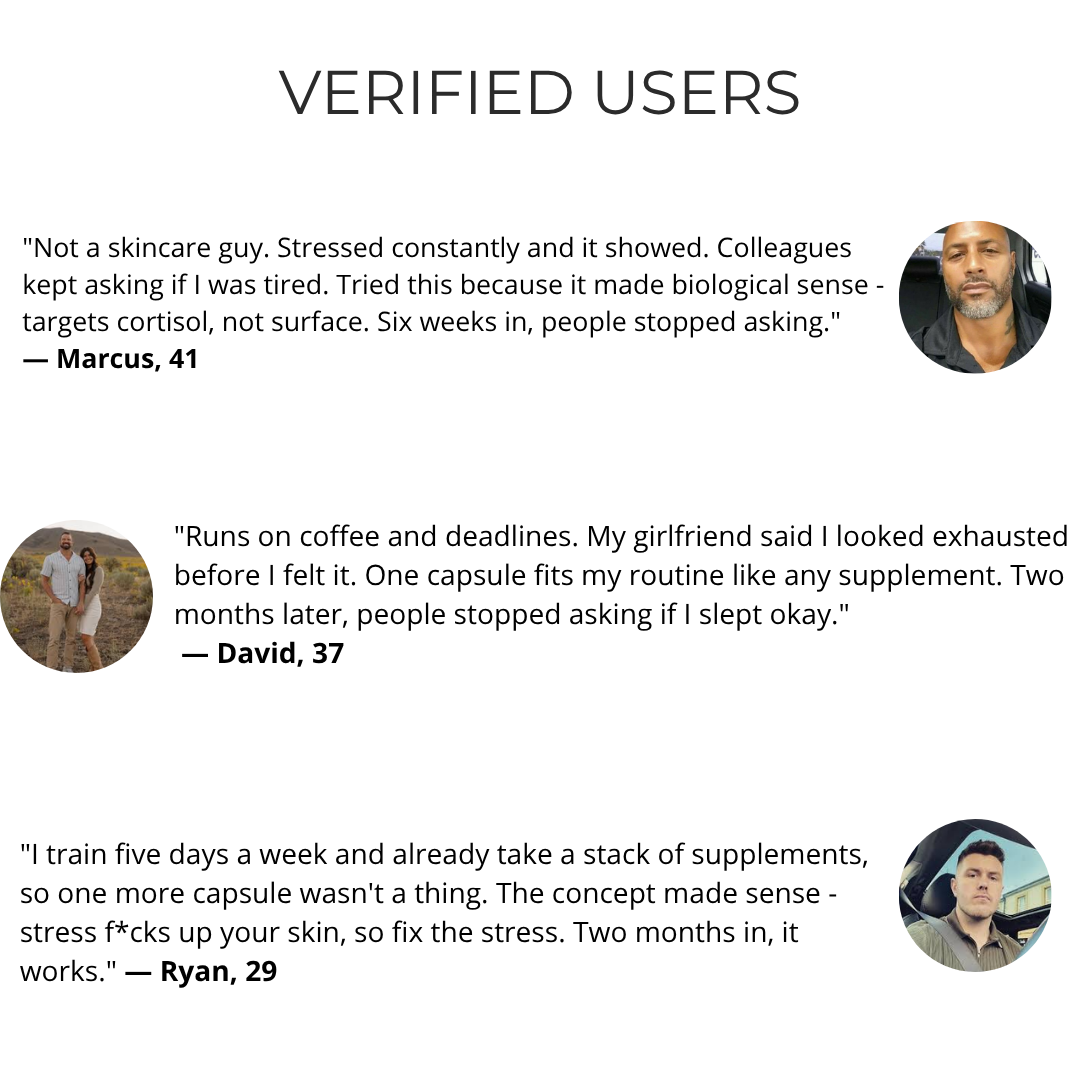 Three testimonials from verified users with small circular photos.
