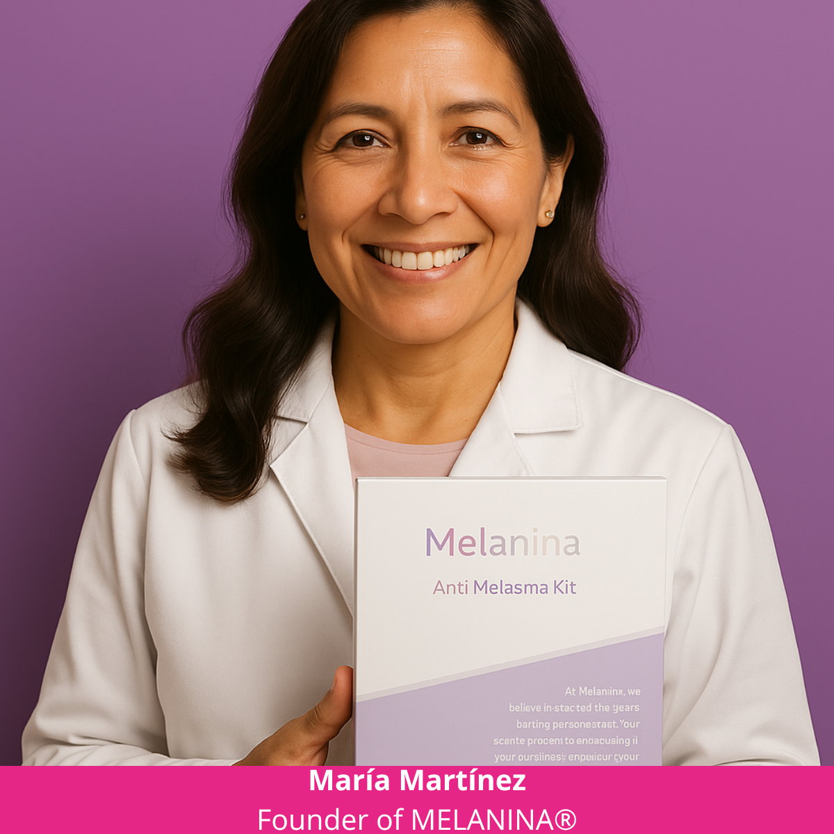 Smiling person holding a Melanina Anti Melasma Kit against a purple background.