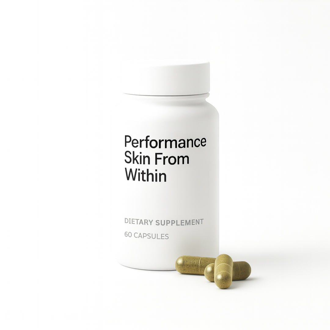 White bottle labeled 'Performance Skin From Within' with green capsules.