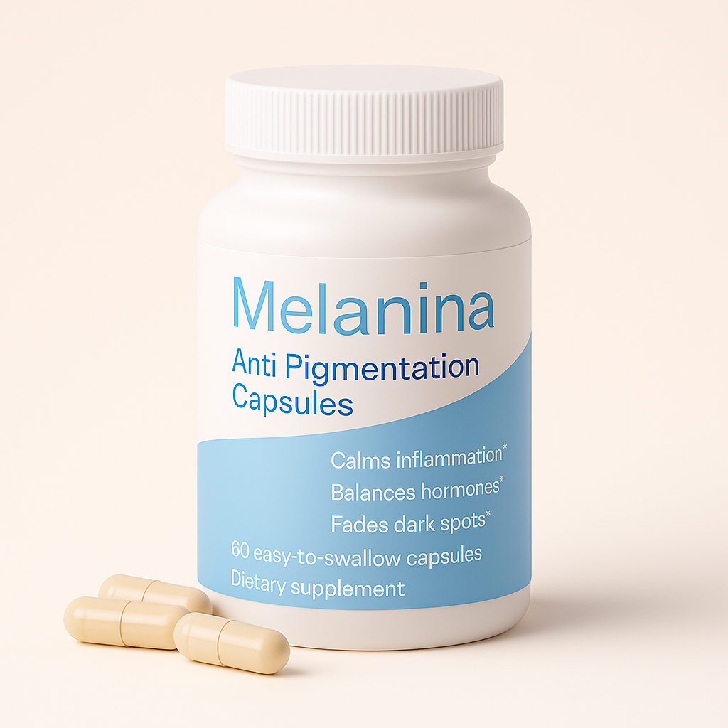 Bottle of Melanina anti-pigmentation capsules with three capsules beside it.