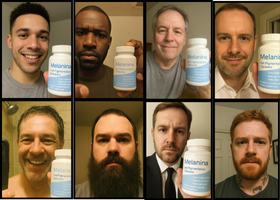 Eight different men holding a bottle labeled 'Melanina' in separate photos.