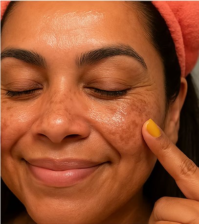 Smiling person with freckles touching their cheek, wearing a pink headband.
