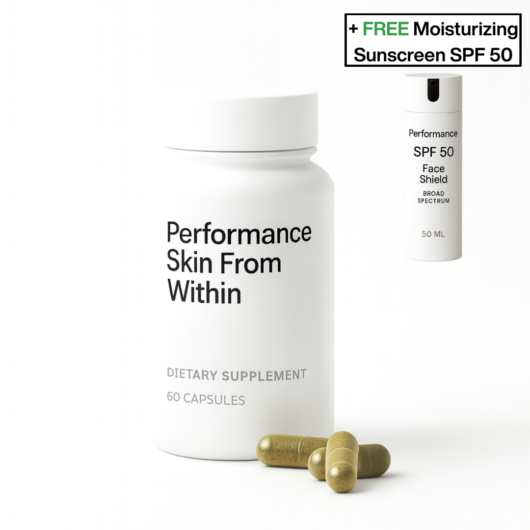 White bottle labeled 'Performance Skin From Within' with capsules and free SPF 50 sunscreen.