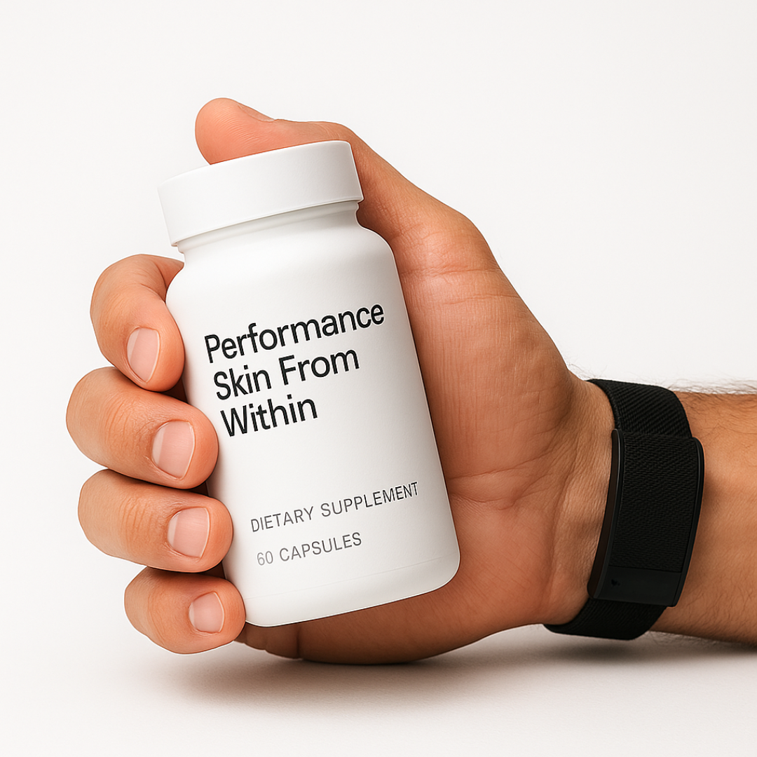 Hand holding a white bottle labeled 'Performance Skin From Within' dietary supplement.
