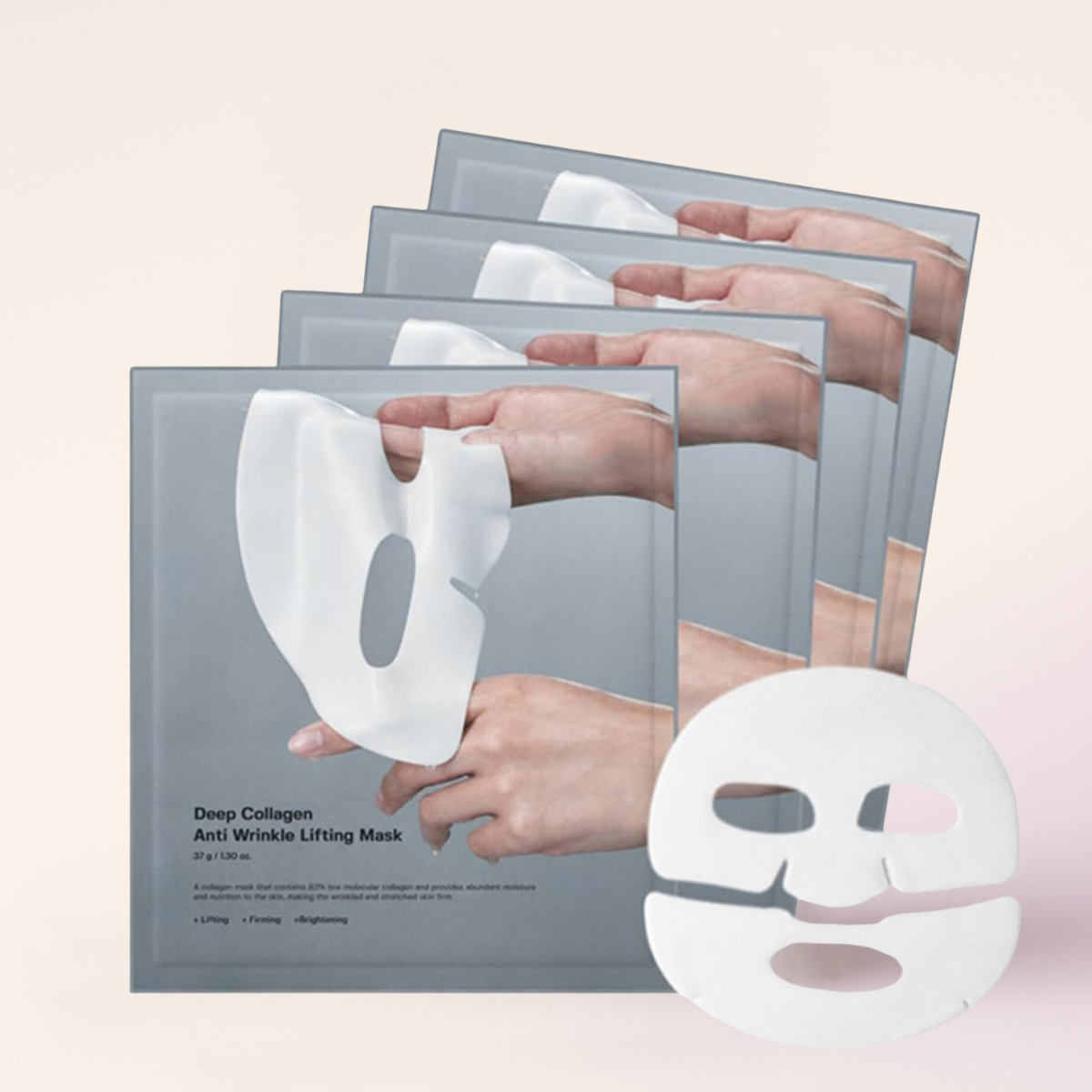 Collagen face masks in packaging with hands holding a mask.