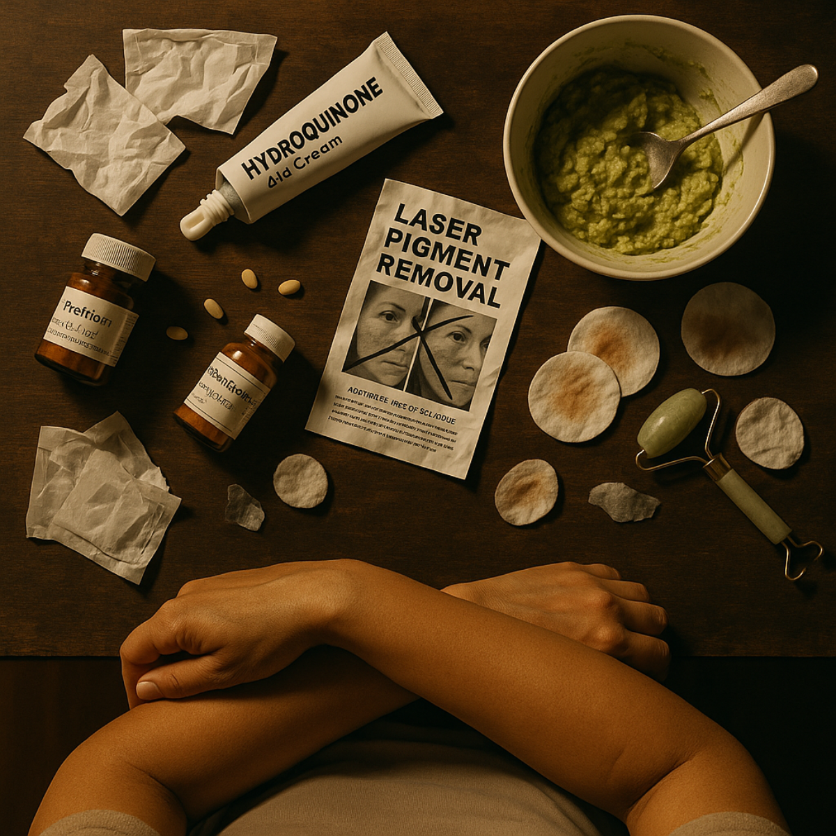 Skincare products and tools on a table with crossed arms.