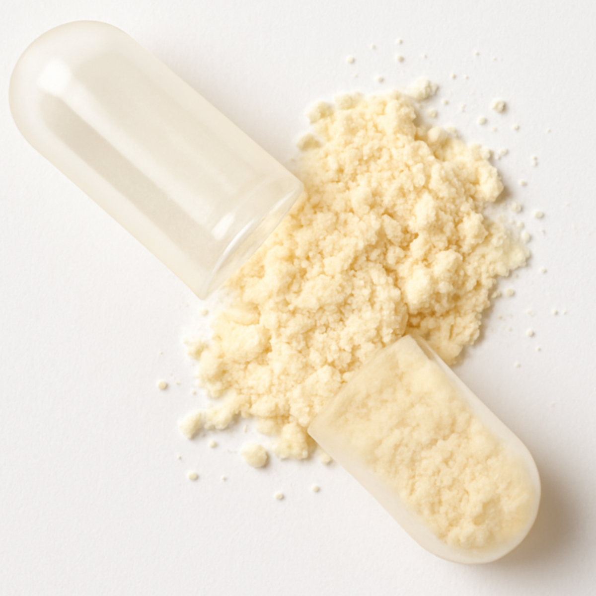 Open capsule with yellow powder spilled on white surface.