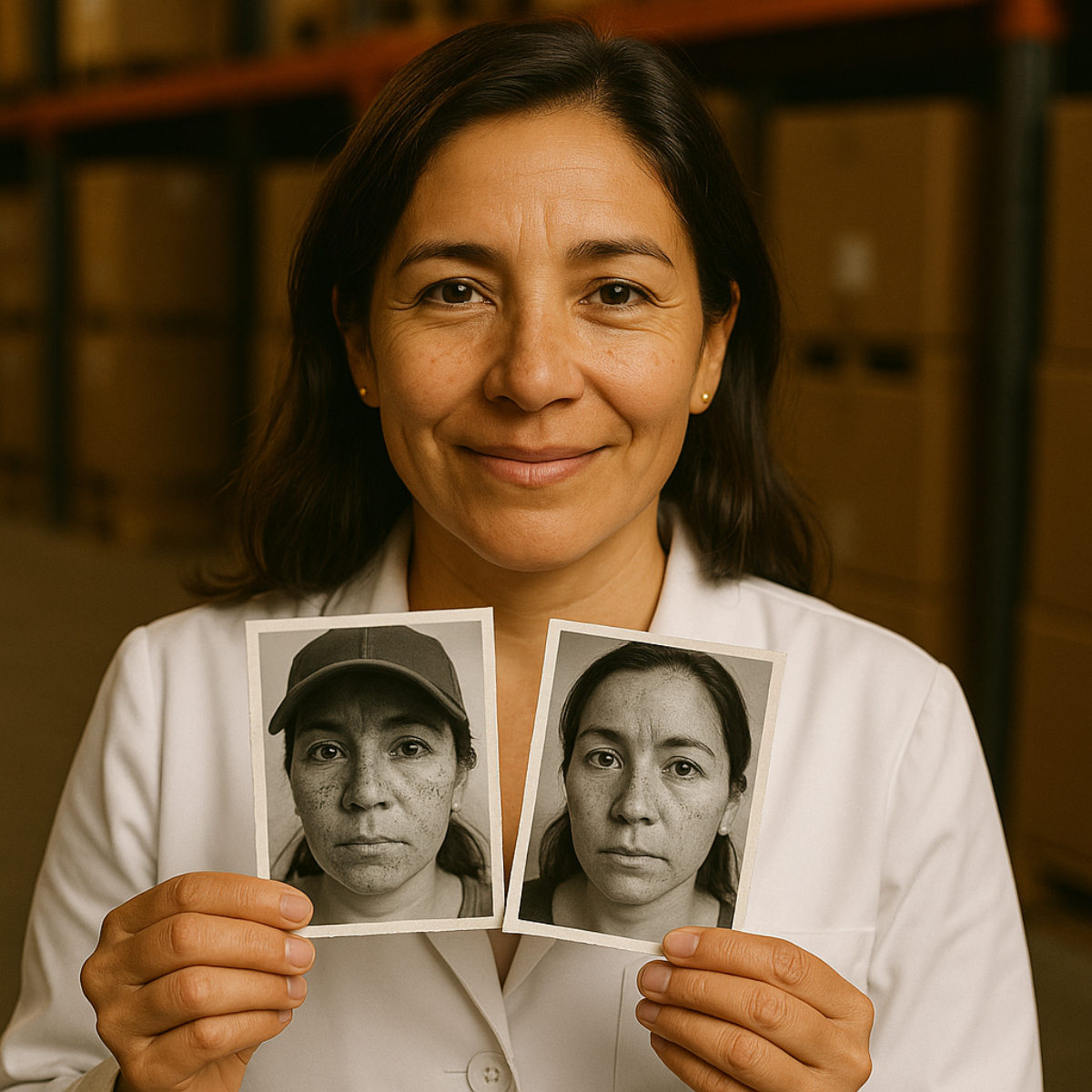 Woman in white coat holding two black-and-white photos of herself.