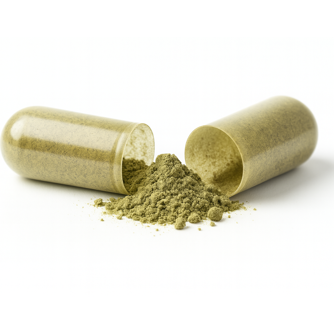 Open capsule with green powder spilling out.