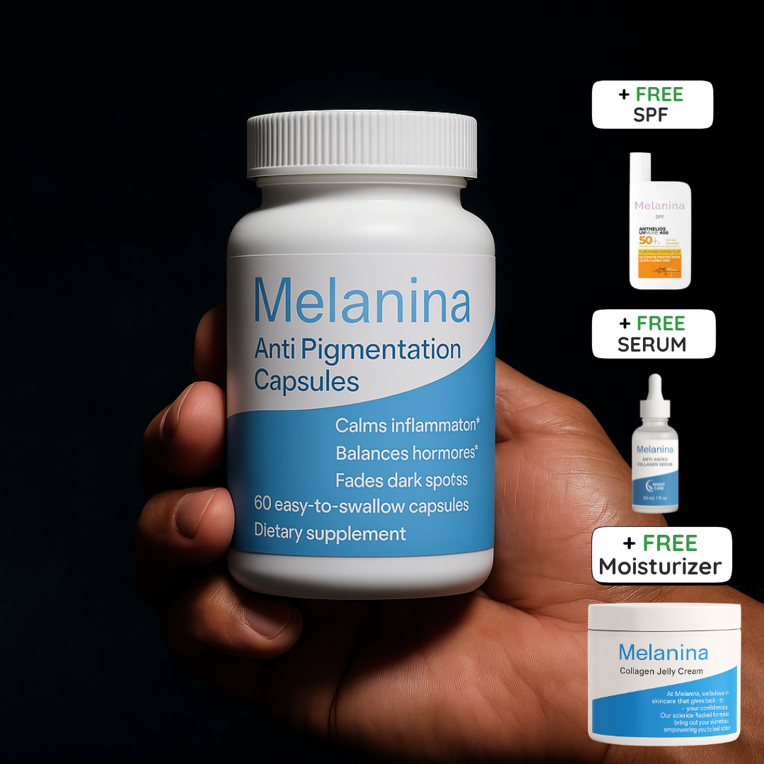 Hand holding a bottle of anti-pigmentation capsules with three free product offers.