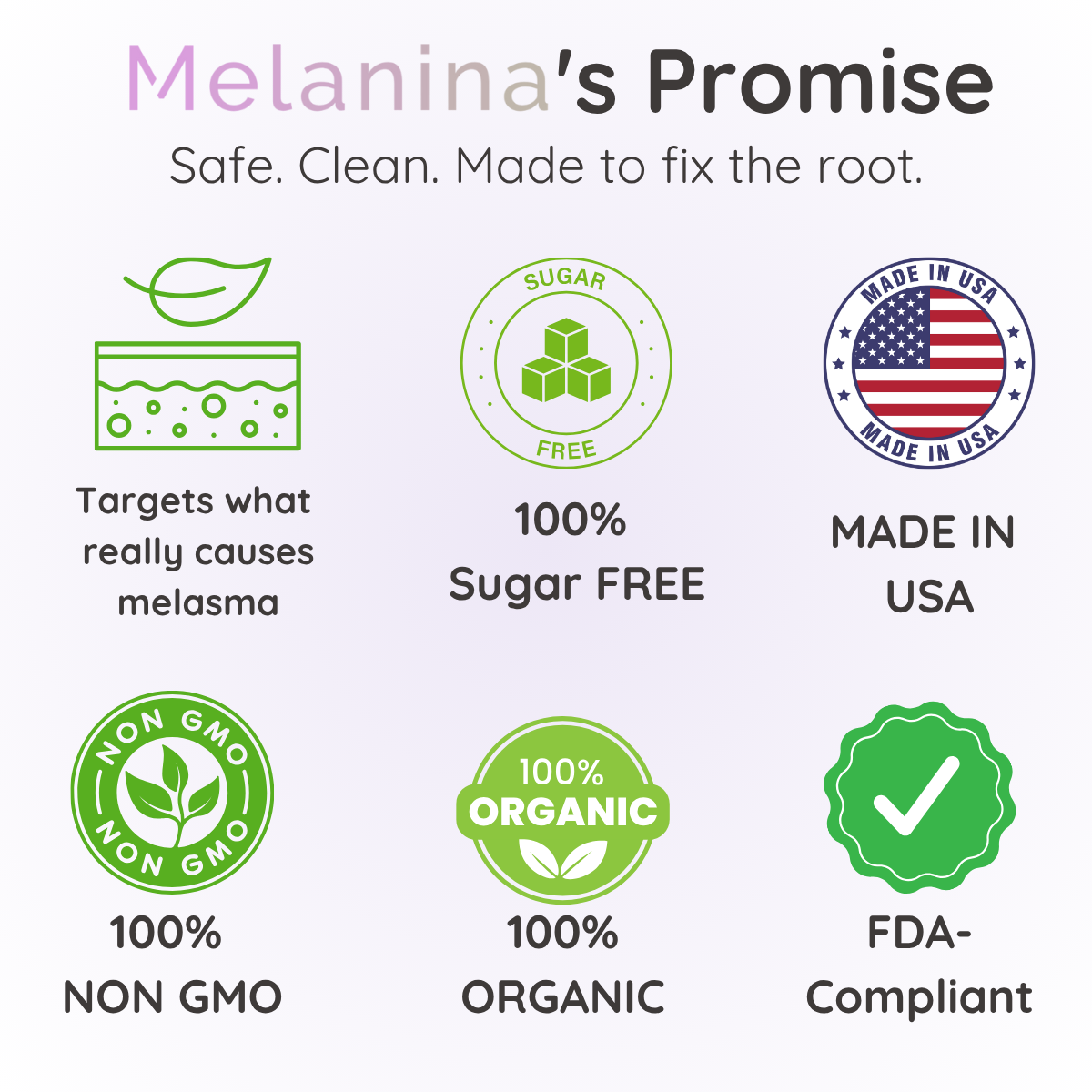 Infographic with icons: sugar-free, made in USA, non-GMO, organic, FDA-compliant.