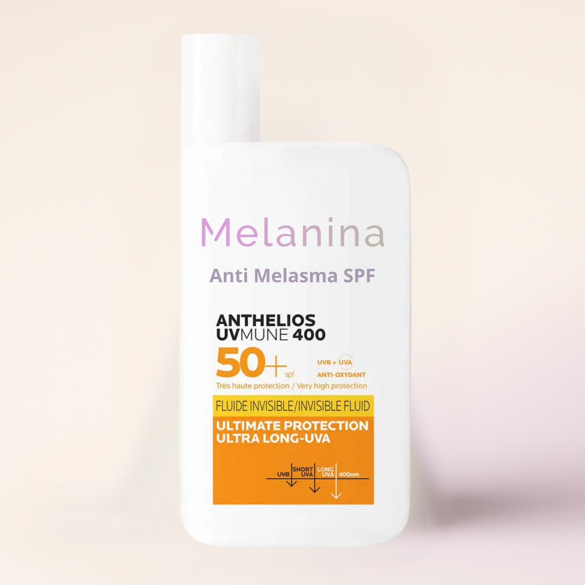 White sunscreen bottle with Anthelios UVmune 400 SPF 50+ visible on label.