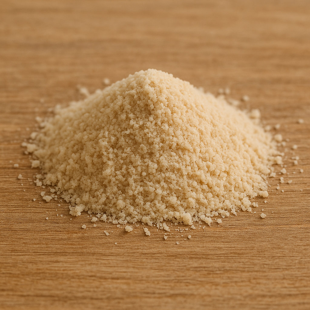 A pile of fine, beige powder on a wooden surface.