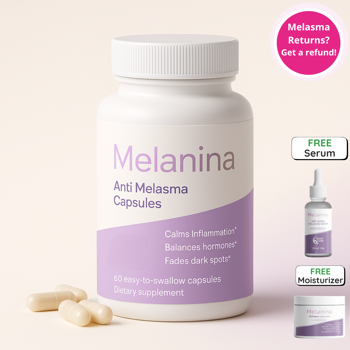 Bottle of anti-melasma capsules with promotional offers for free serum and moisturizer.