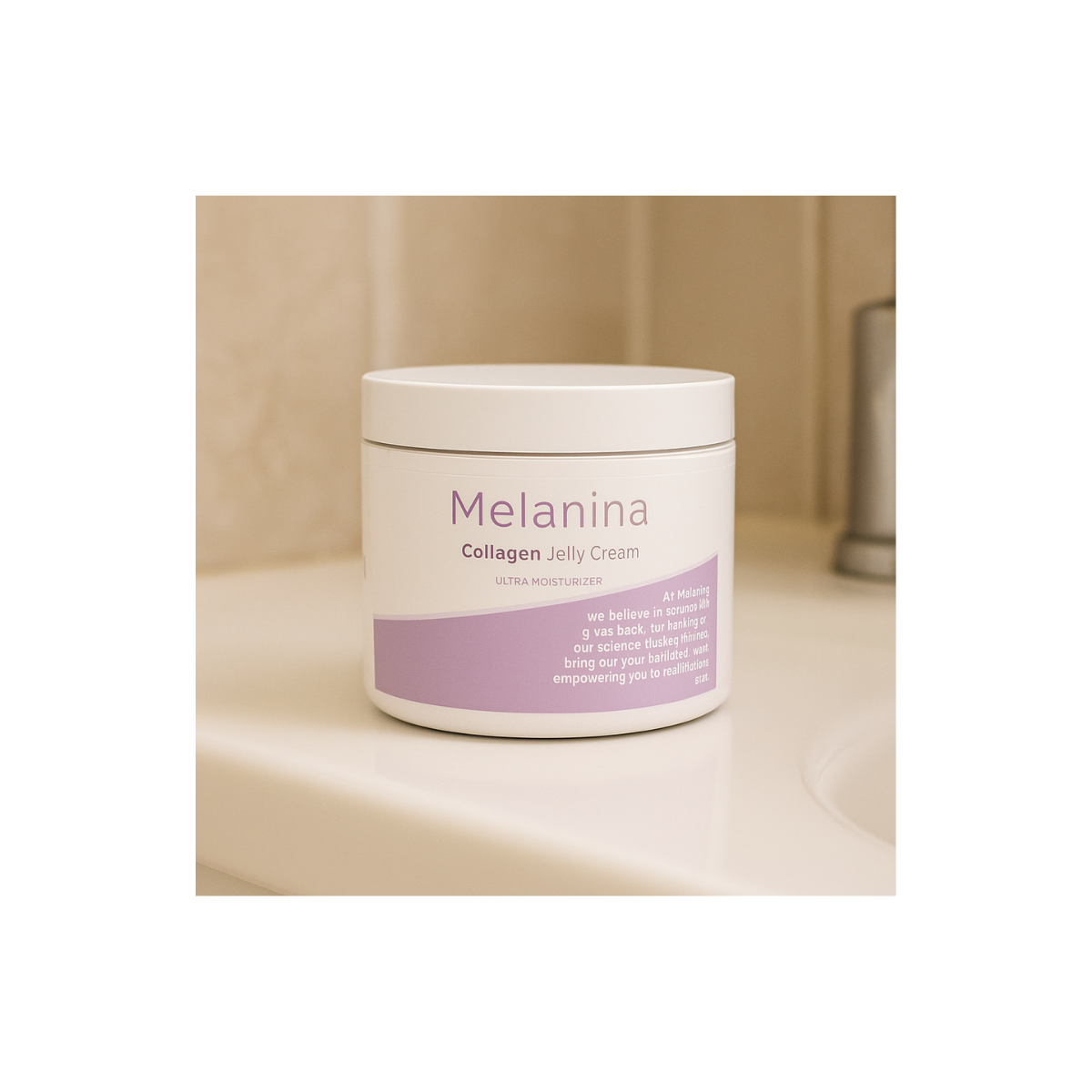 A jar of Melanina Collagen Jelly Cream on a bathroom counter.