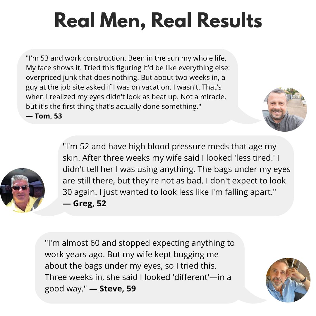 Three testimonials from men about skincare results, with small photos of each speaker.