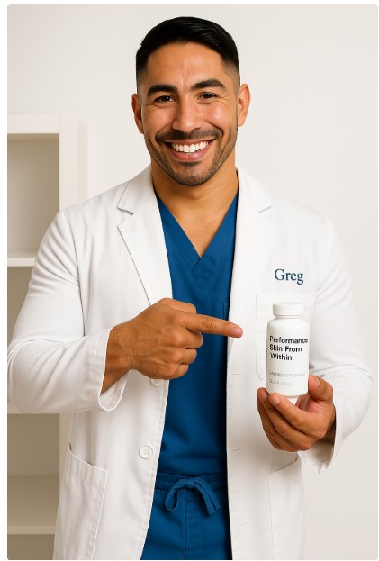 Man in a white coat holding and pointing at a bottle labeled 'Performance Skin From Within.'