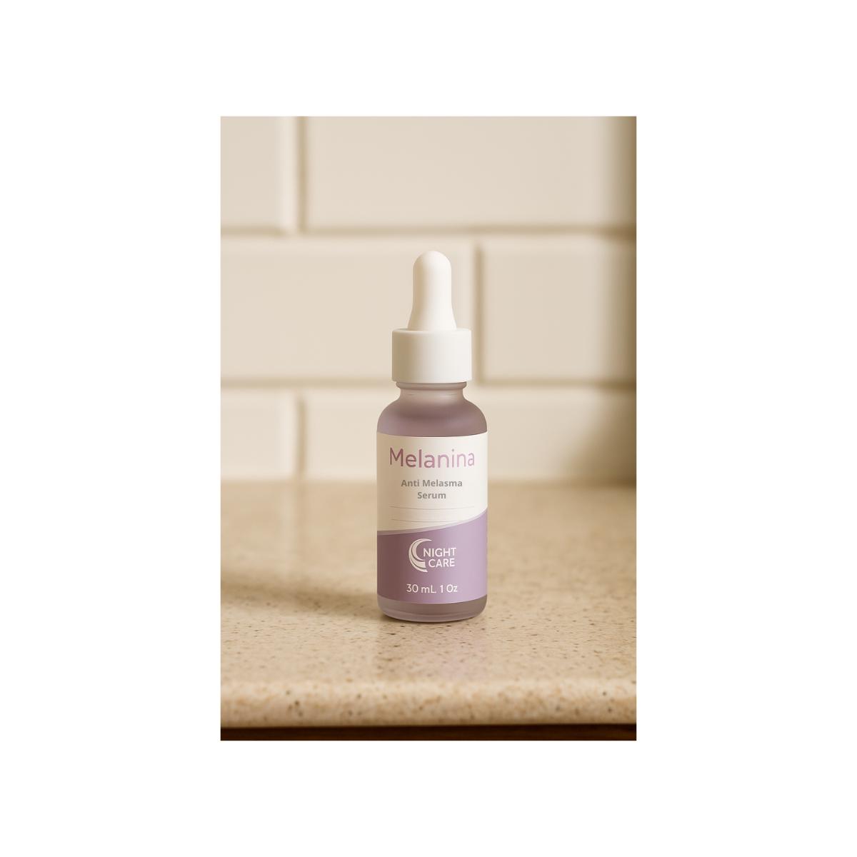 A bottle of Melanina anti-melasma serum on a countertop.
