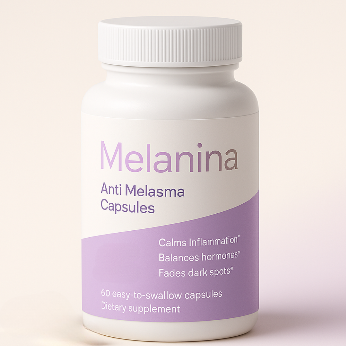 A bottle labeled 'Melanina Anti Melasma Capsules' with health benefits listed.