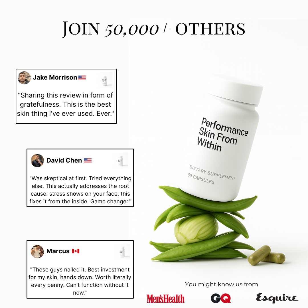 Supplement bottle on green leaves with customer reviews and magazine logos.