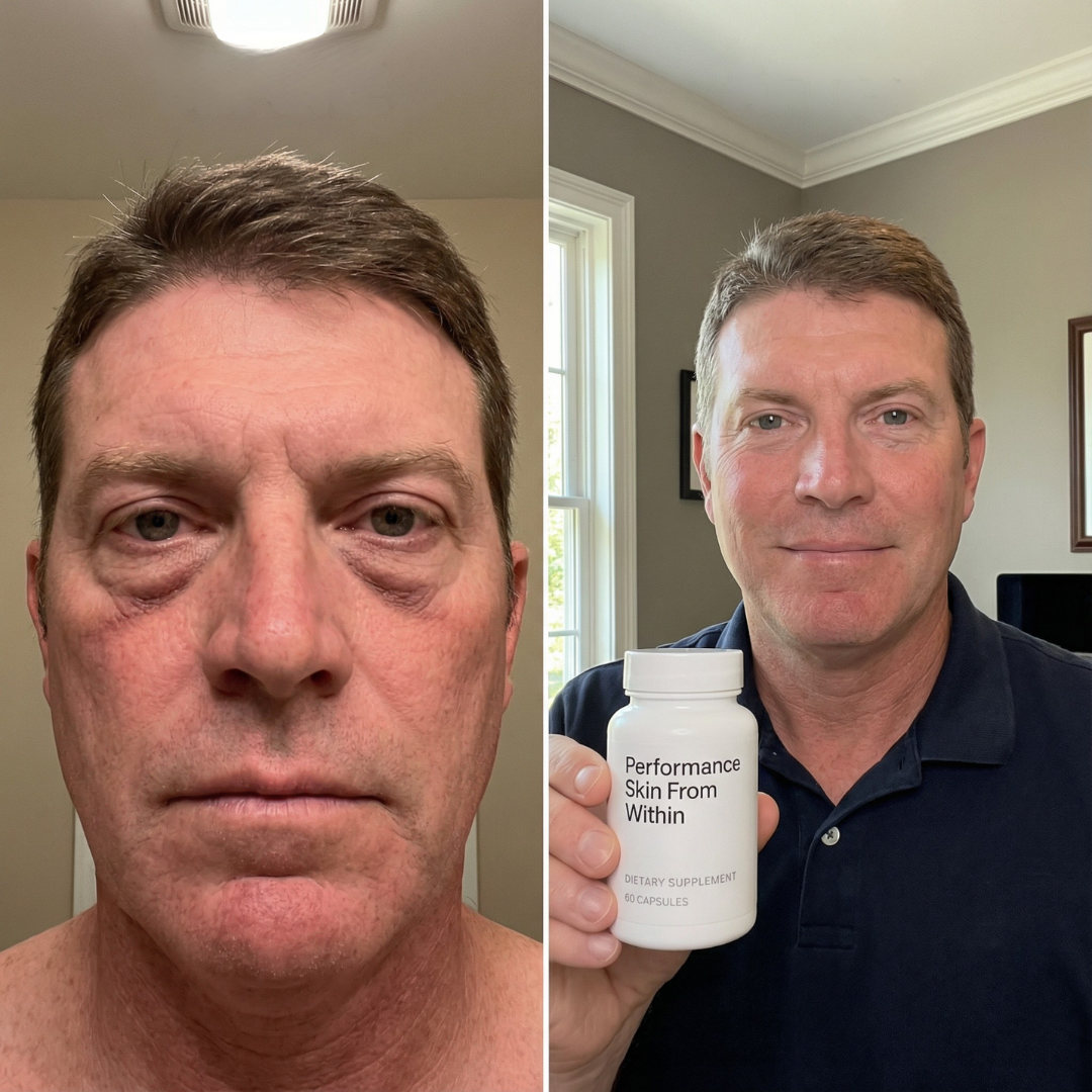Before and after photos of a man with a skincare supplement bottle.