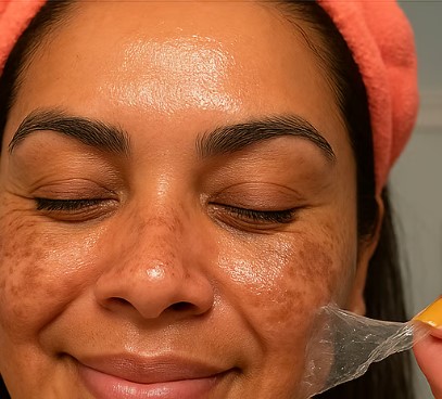 Person peeling off a facial mask, smiling with eyes closed.