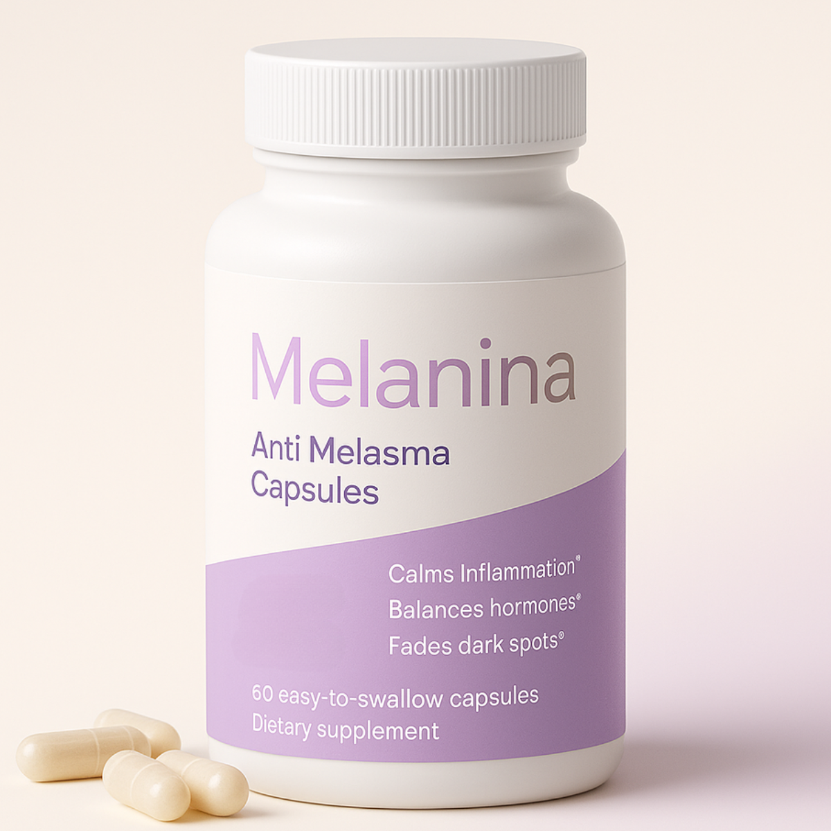 Bottle of Melanina Anti Melasma Capsules with pills beside it.