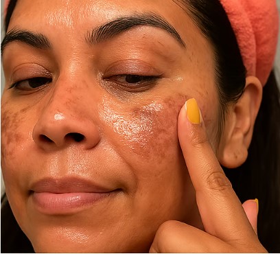 Person applying skincare product to face with visible freckles.