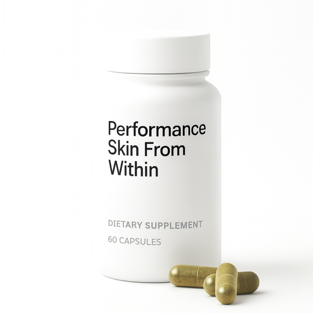 White bottle labeled 'Performance Skin From Within' with capsules beside it.