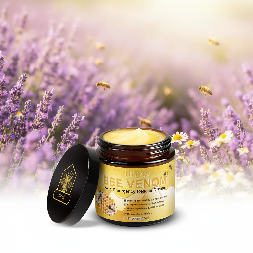 Jar of bee venom cream with lavender and flying bees.