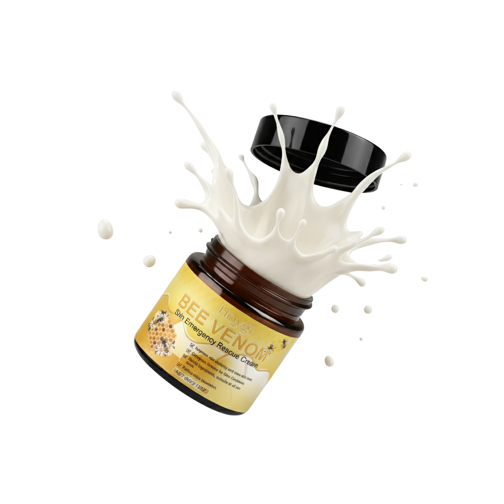 Bee Venom cream jar with splash effect, black cap open.