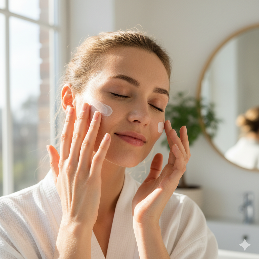 Person applying cream to their cheeks in a bright room.