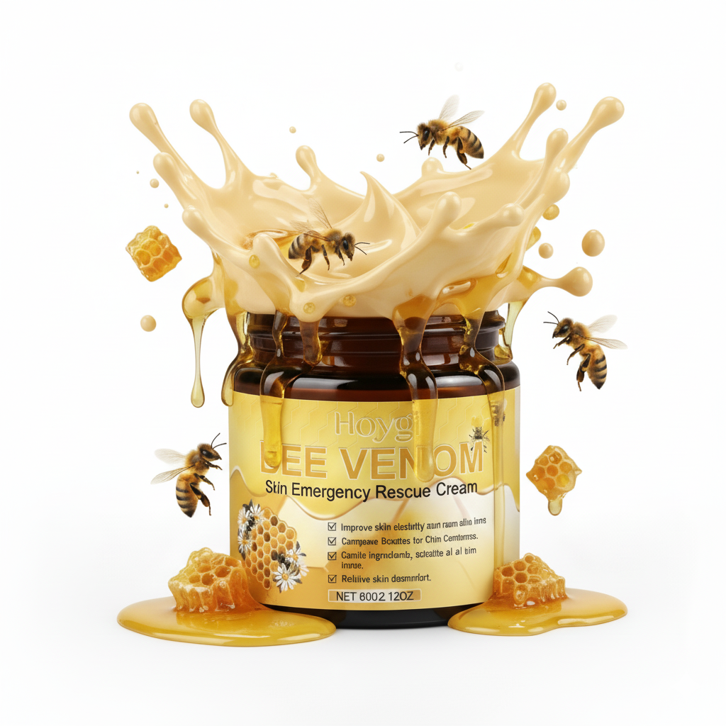 Bee venom cream jar with honey and bees, splashing cream effect.