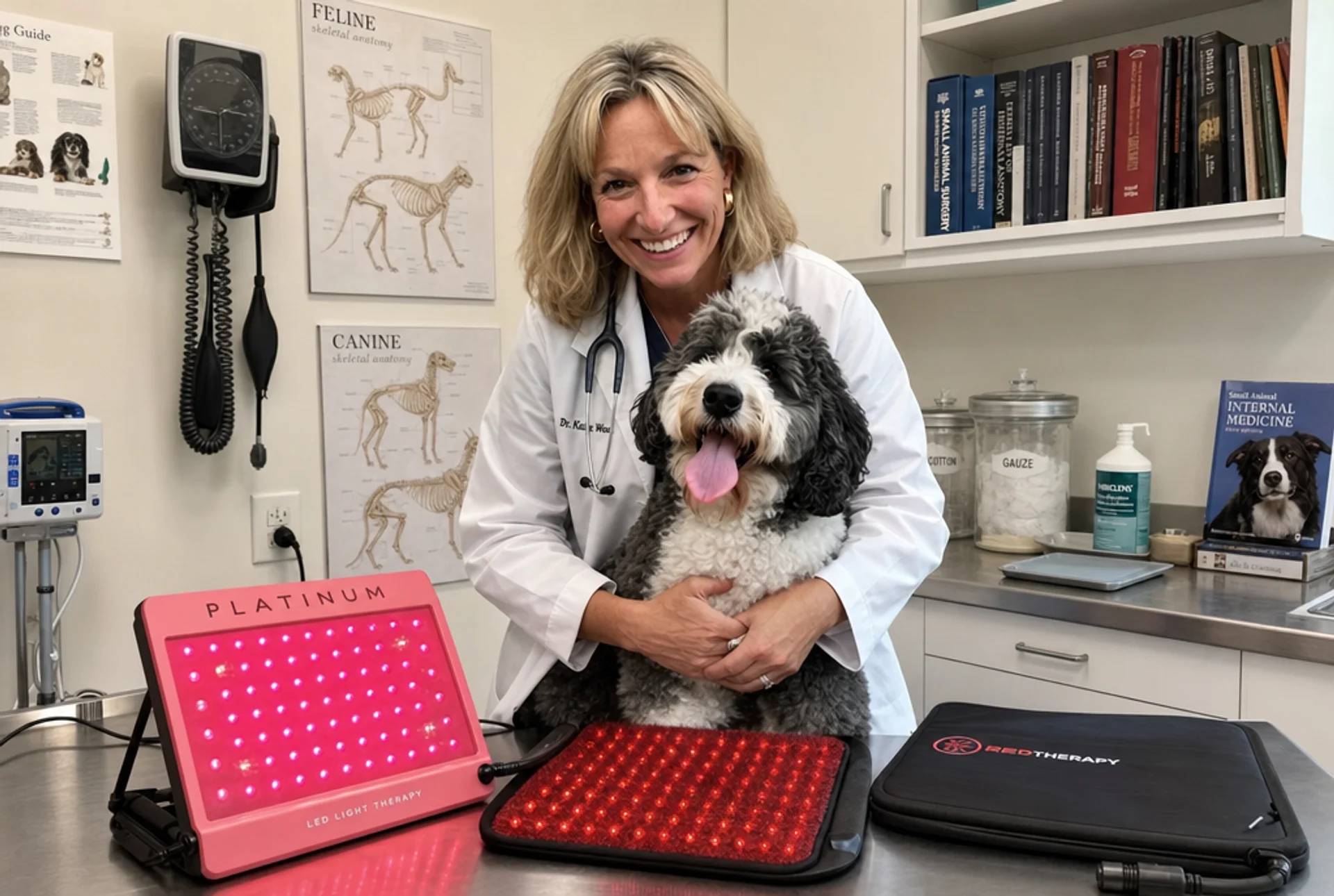 Dr. Audrey Wystrach in her veterinary clinic with at-home red light therapy devices on the exam table