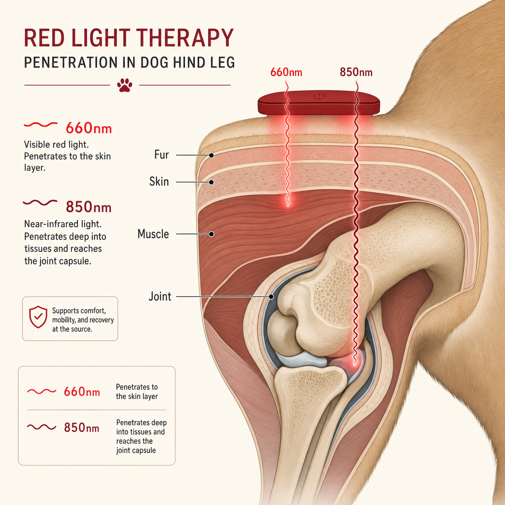 Diagram showing 660nm red light reaching skin and 850nm near-infrared penetrating through fur, skin, muscle into the joint capsule