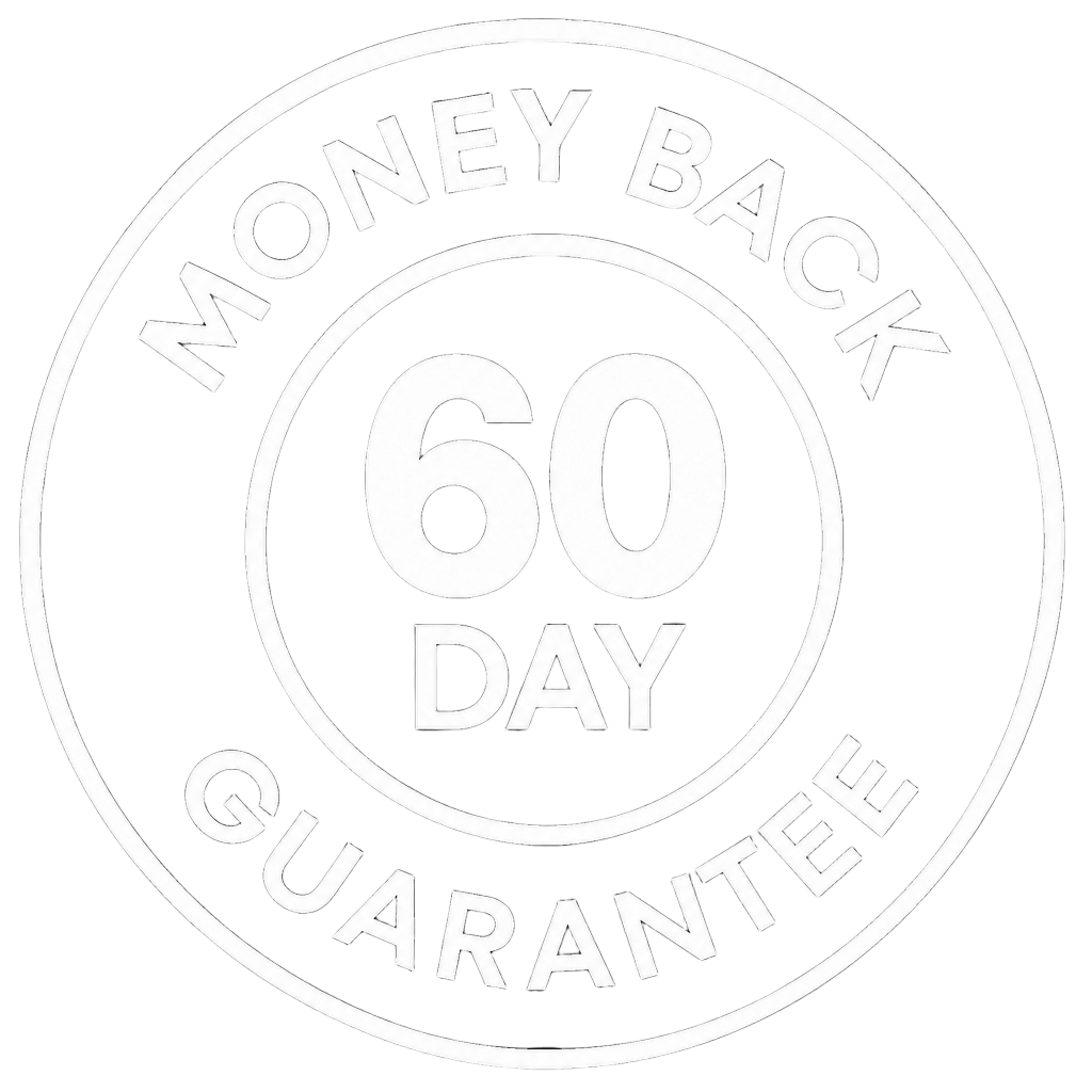 A white circular seal with the words 'Money Back 60 Day Guarantee' on a white background.