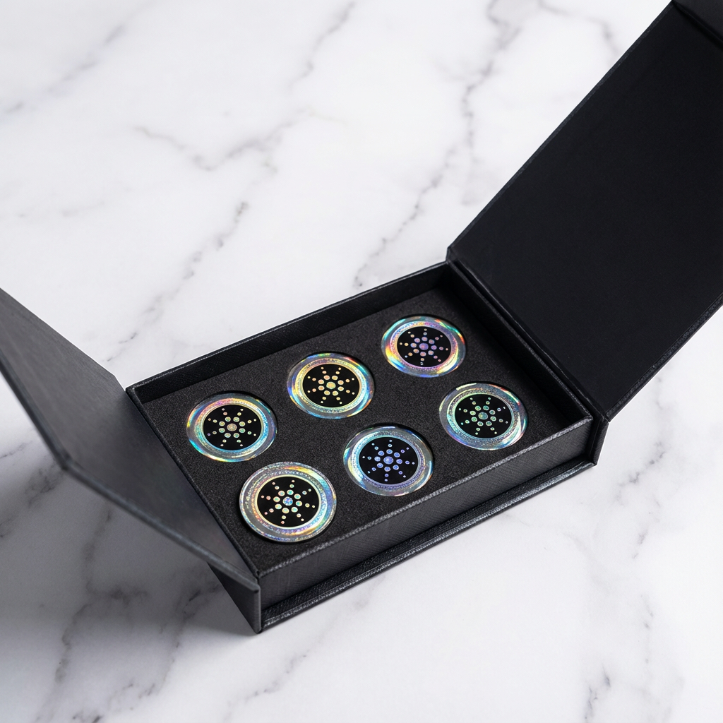 An open black box holding six holographic Cardano cryptocurrency tokens on a white marble surface.