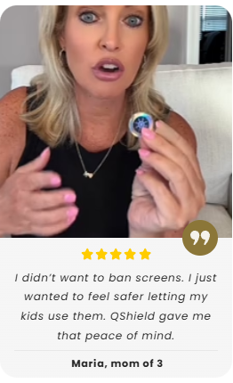 A woman holding a small object, with a quote and five-star rating below.