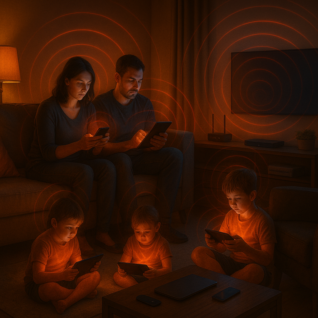 Family using digital devices with glowing concentric circles around them in a dimly lit room.