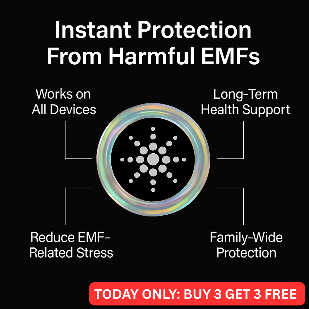 Promotional image for EMF protection device with benefits and special offer.