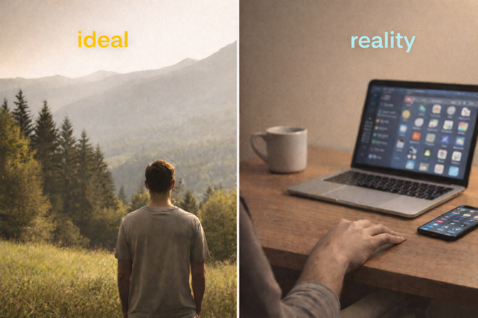 A split image contrasting an 'ideal' scene in nature with the 'reality' of working at a desk.